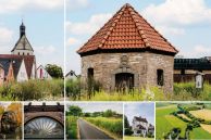 Das Foto zeigt verschiedene Sehenswürdigkeiten in Salzkotten. Darunter ist das Stadtwappen von Salzkotten zu sehen.