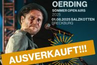 Das Foto zeigt Johannes Oerding. Er hält eine rotbraune Gitarre in der Hand, trägt einen schwarzen Hut und ein dunkelgrünes Hemd. Im Vordergrund ist ein orangenes Banner, auf dem mit weißer Schrift &quot;ausverkauft!!!&quot; steht.