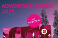 Das Plakat des Adventskalender vor einer verschneiten Baumlandschaft. Der Preis von 5 Euro steht ebenfalls auf dem Kalender