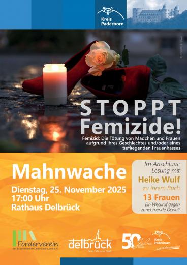 Mahnwache "Stoppt Femizide" am 25. November 2025 am Rathaus in Delbrück