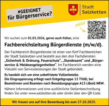 Neue Stellenausschreibung: Fachbereichsleitung Bürgerdienste (m/w/d)
