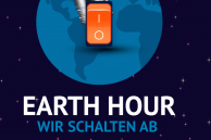 Die Grafik zeigt die Erde aus der Sicht des Universums und davor eine Glühbirne, die aus ist, und ein Schalter, der auf "Aus" umgelegt ist.