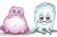 Zwei Monster beide sitzend nebeneinander: eines guckt grummelig und eines lacht, beide haben keine Hände. Eines hat nur Füße und das andere Kraken.