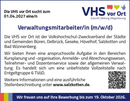 Die VHS vor Ort sucht zum 01.04.2027 eine/n Verwaltungsmitarbeiter/in (m/w/d)
